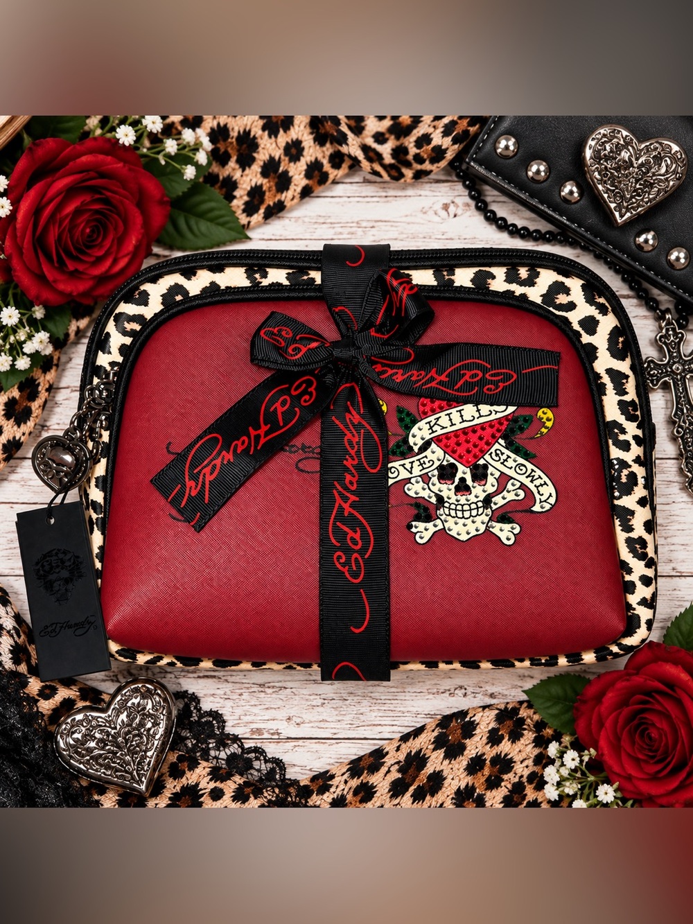 Ed Hardy Red & Leopard Print Skull Cosmetic Bag Set